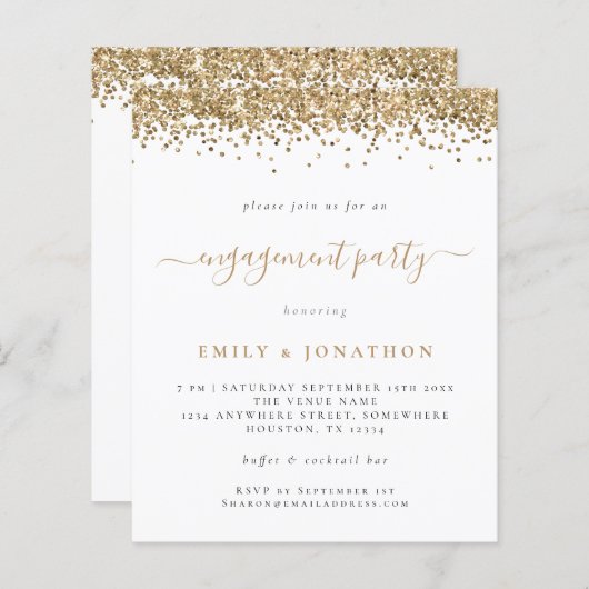Budget Gold Glitter Script Engagement Party nodigt (Voorkant / Achterkant)