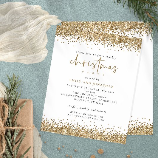 Budget Gold Glitter Script-kerstparty uitnodigen