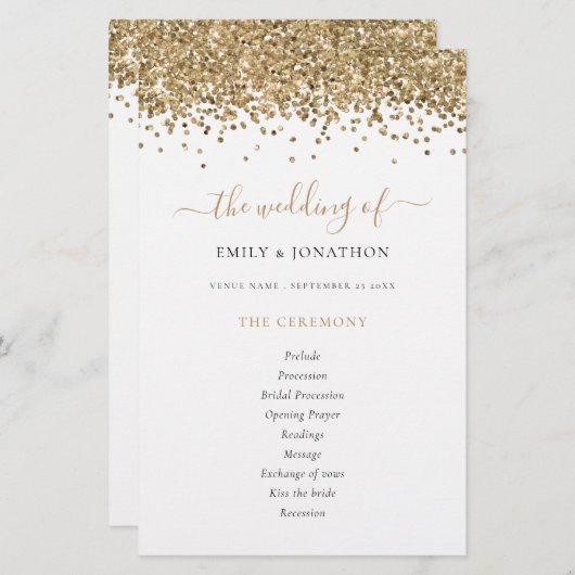 Budget Gold Glitter Script Weddenprogramma (Voorkant / Achterkant)