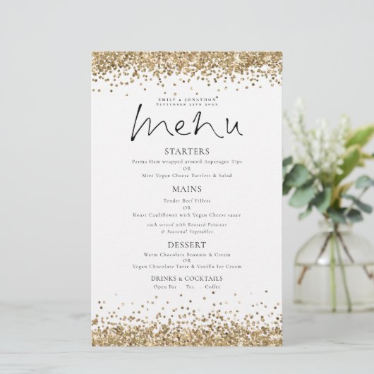 Budget Gold Glitter Script Weduwen Menu (Staand voorkant)