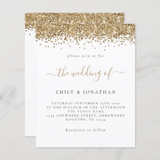 Budget Gold Glitter Script Weduwen Uitnodiging (Voorkant / Achterkant)