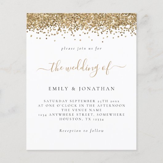 Budget Gold Glitter Script Weduwen Uitnodiging (Voorkant)