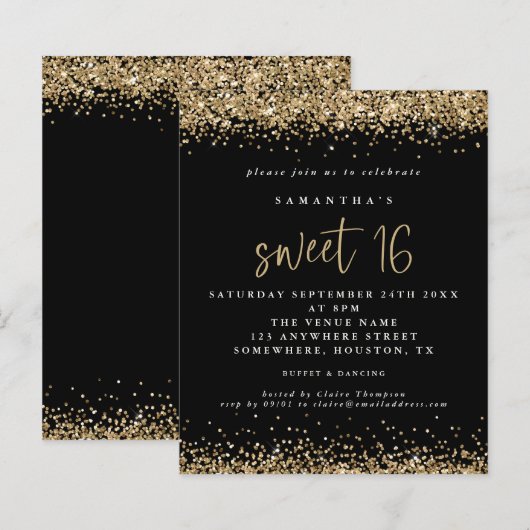 Budget Gold Glitter Sweet 16 zwarte verjaardag (Voorkant / Achterkant)
