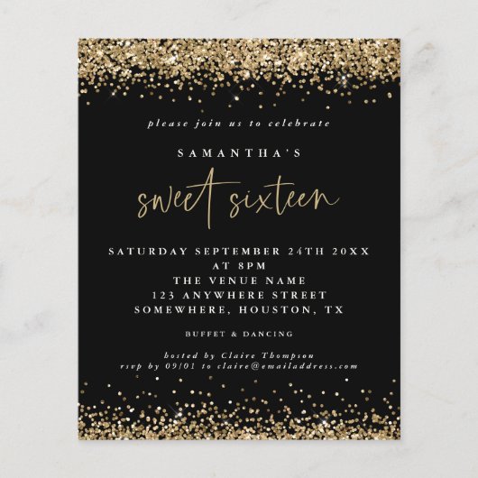 Budget Gold Glitter Sweet Sixteen Black Birthday (Voorkant)