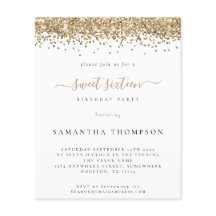 Budget Gold Glitter Sweet Sixteen Uitnodiging