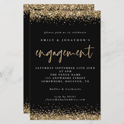 Budget Gold Glitter Verloving Black Uitnodiging (Voorkant / Achterkant)