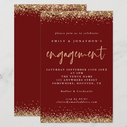 Budget Gold Glitter Verloving Burgundy Uitnodiging (Voorkant / Achterkant)