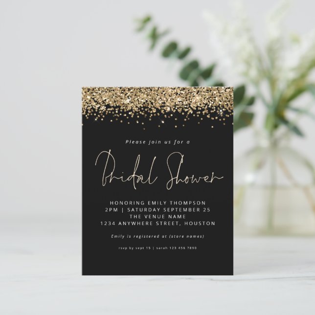 Budget Gold Glitter Vrijgezellenfeest Black Uitnod (Staand voorkant)