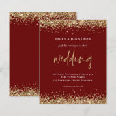 Budget Gold Glitter Wedding Burgundy Uitnodiging (Voorkant / Achterkant)