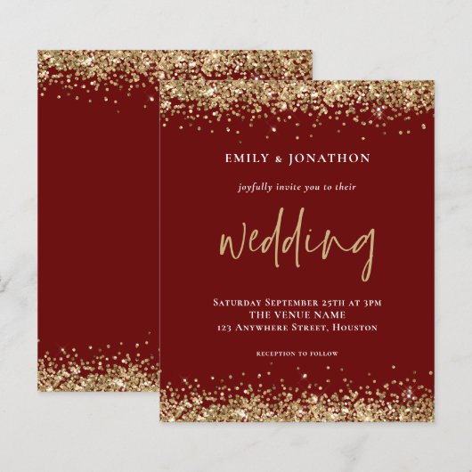 Budget Gold Glitter Wedding Burgundy Uitnodiging (Voorkant / Achterkant)