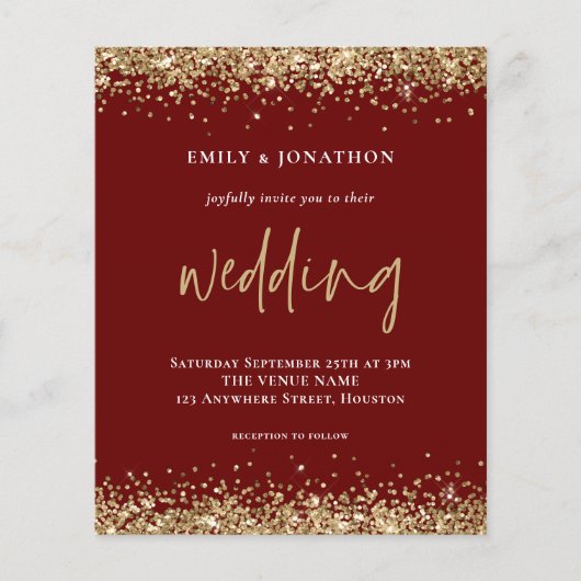 Budget Gold Glitter Wedding Burgundy Uitnodiging (Voorkant)