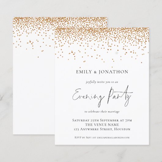Budget Gold Glitter Wedding Evening Party Invite (Voorkant / Achterkant)