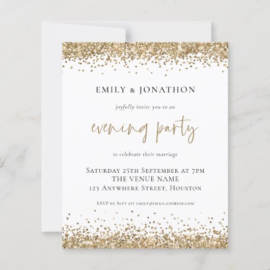 BUDGET Gold Glitter Wedding Evening Party Uitnodig (Voorkant)
