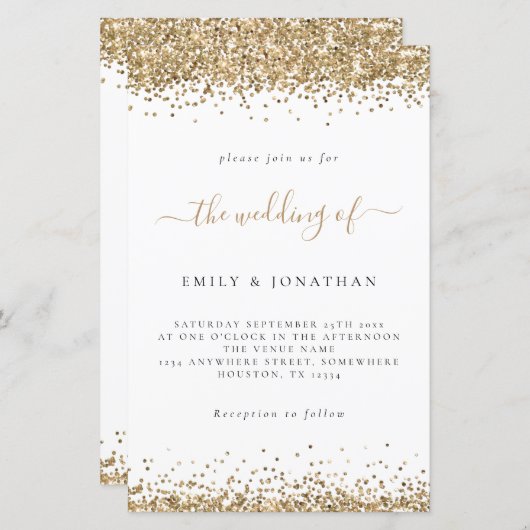 Budget Gold Glitter Wedding White Uitnodiging (Voorkant / Achterkant)