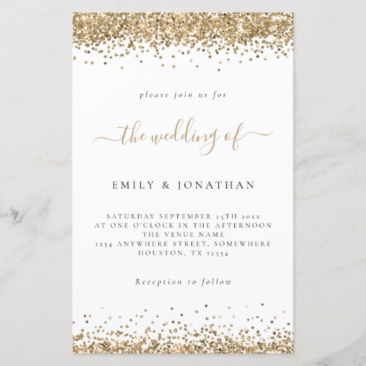 Budget Gold Glitter Wedding White Uitnodiging (Voorkant)