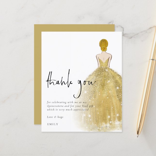Budget Gold Gown Blonde Girl Quinceañera Bedankt (Voorkant / Achterkant in situ)