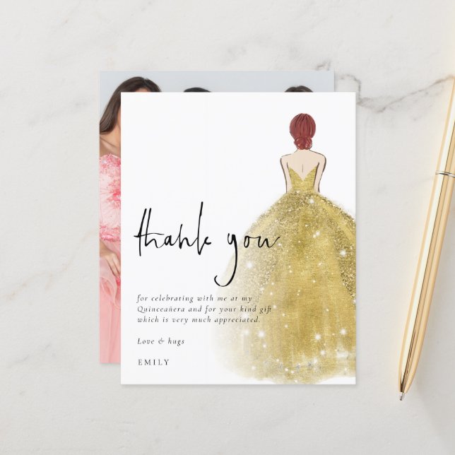 Budget Gold Gown Photo Auburn Quinceañera Bedankt (Voorkant / Achterkant in situ)