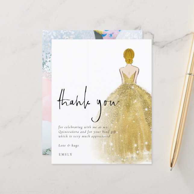 Budget Gold Gown Photo Blonde Quinceañera Bedankt (Voorkant / Achterkant in situ)
