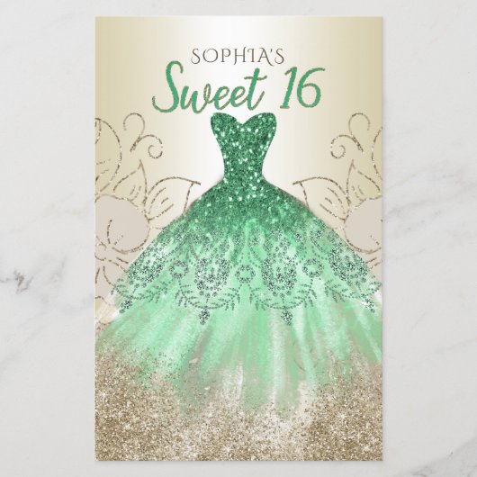 Budget Gold Green Dress Sweet 16 Uitnodiging (Voorkant)