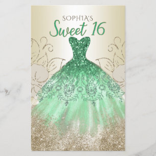 Budget Gold Green Dress Sweet 16 Uitnodiging