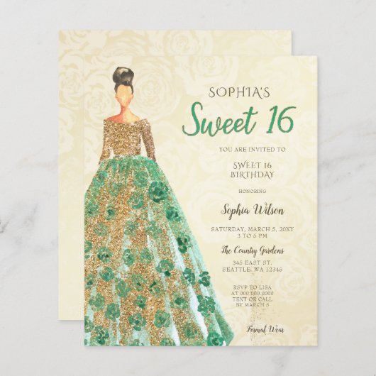 Budget Gold Green Dress Sweet 16 Uitnodiging (Voorkant / Achterkant)