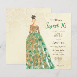 Budget Gold Green Dress Sweet 16 Uitnodiging