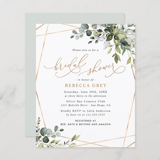 Budget Gold Greenery Bridal Shower Invitation (Voorkant / Achterkant)