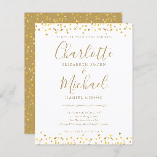 Budget Gold Hearts Confetti Script Wedding Invite (Voorkant / Achterkant)