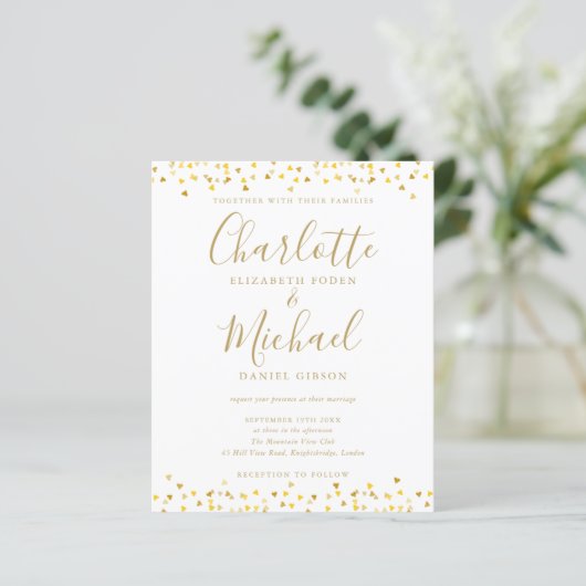 Budget Gold Hearts Confetti Script Wedding Invite (Staand voorkant)