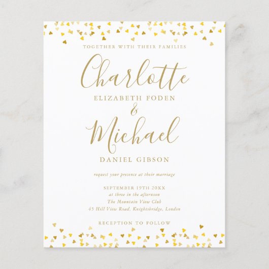 Budget Gold Hearts Confetti Script Wedding Invite (Voorkant)