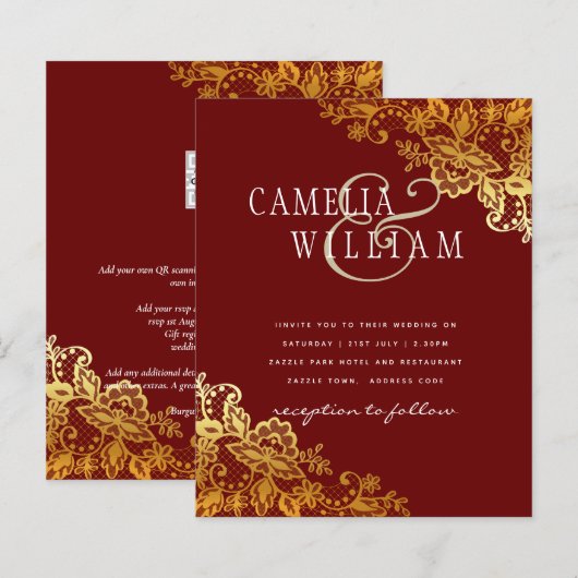 BUDGET Gold Lace Classic Ampersand Wedding Invite (Voorkant / Achterkant)