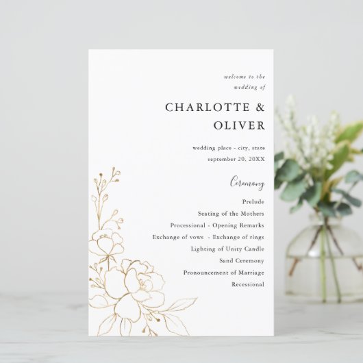 Budget Gold-led Floral Wedding Programme MEDIUM (Staand voorkant)