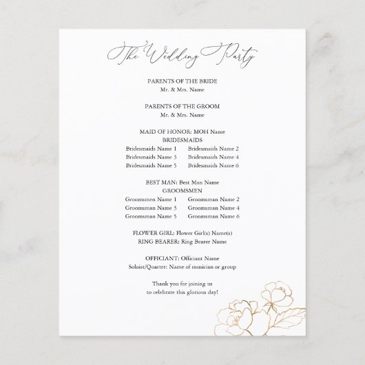Budget Gold Lined Floral Wedding Ceremony Flyer (Achterkant)