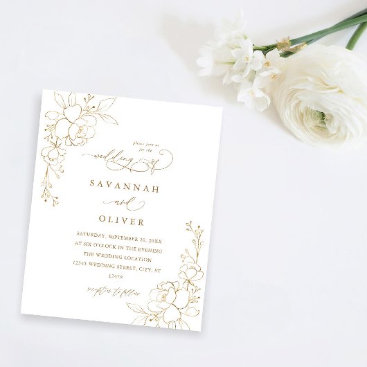 Budget Gold Lined Floral White & Gold Wedding Flyer
