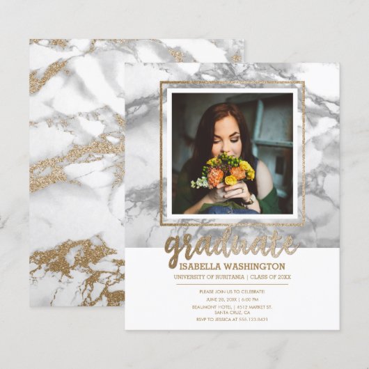 Budget Gold Marble Script Photo Graduparty (Voorkant / Achterkant)