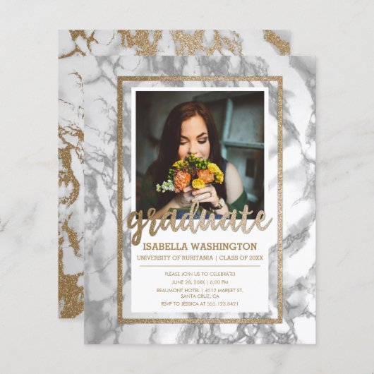 Budget Gold Marble Script Photo Graduparty (Voorkant / Achterkant)