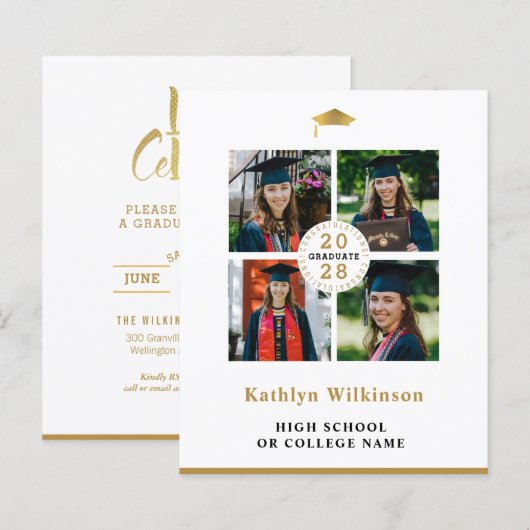 BUDGET Gold Moderne 4 Fotocollage uitnodiging (Voorkant / Achterkant)