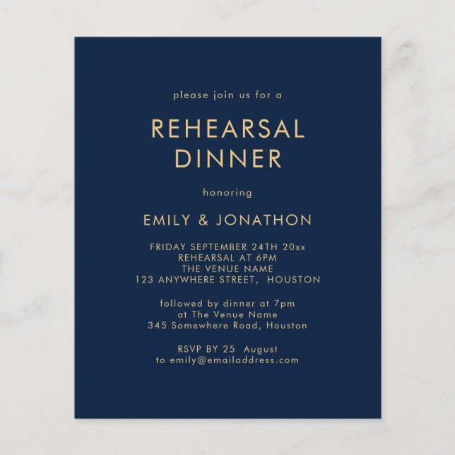 Budget Gold Navy Blue Rehearsal Dinner Uitnodiging (Voorkant)