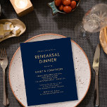 Budget Gold Navy Blue Rehearsal Dinner Uitnodiging<br><div class="desc">Er zijn twee papieren opties om uit te kiezen voor deze grootte (4, 5 x 5, 6 inch) in het budgetbereik. Voor dit product adviseer ik de halfglansmachine van 110 gsm, die qua dikte vergelijkbaar is met een briefkaart. De Satin-optie is een veel dunner papier van 80 gr/m². Het gebrek...</div>