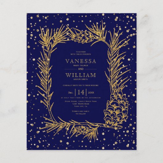 BUDGET Gold pine marine blue bruiloft uitnodiging (Voorkant)