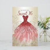 Budget Gold Red Dress Sweet 16 Uitnodiging (Staand voorkant)