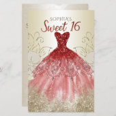 Budget Gold Red Dress Sweet 16 Uitnodiging (Voorkant / Achterkant)