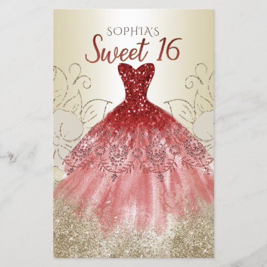 Budget Gold Red Dress Sweet 16 Uitnodiging (Voorkant)