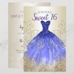 Budget Gold Royal Blue Dress Sweet 16 Uitnodiging