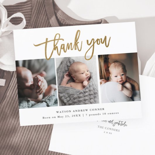 Budget Gold Script 3 Foto Baby Bedankt Kaart