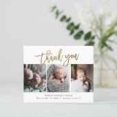 Budget Gold Script 3 Foto Baby Bedankt Kaart (Staand voorkant)