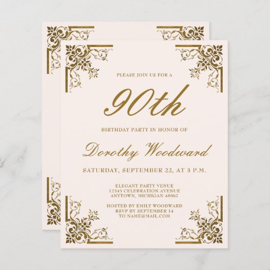 Budget  Gold Script Blush Birthday uitnodigen (Voorkant / Achterkant)