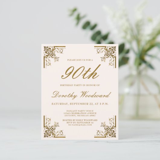 Budget  Gold Script Blush Birthday uitnodigen (Staand voorkant)