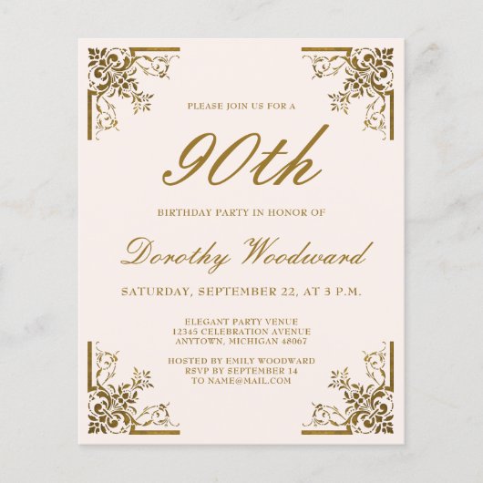 Budget Gold Script Blush Birthday uitnodigen (Voorkant)