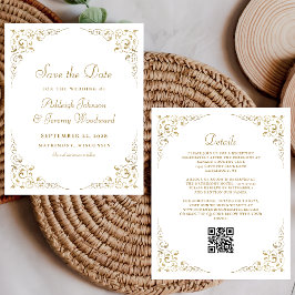 Budget Gold Script Foliage QR-code bruiloft Uitnod